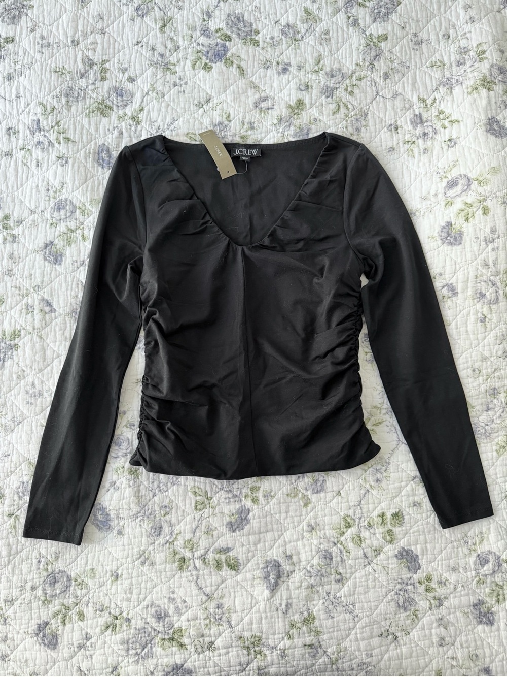 J. Crew Black Long-Sleeve V-Neck Ruched Top